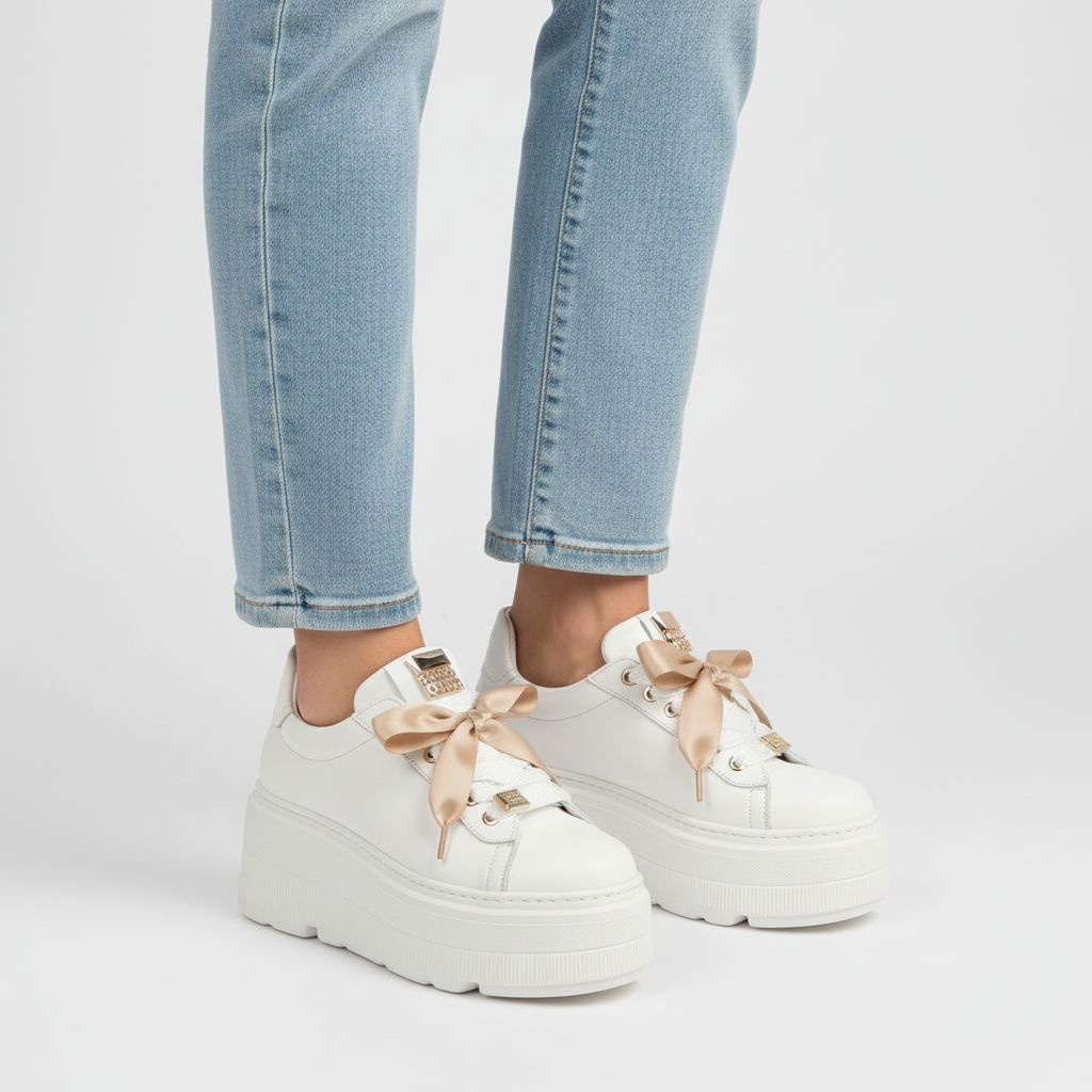 Sneakersy damskie Karino, cholewka ze skóry naturalnej gładkiej ozdobne sznurowanie z szerokimi wstążkami masywna podwyższona podeszwa zapewniająca s