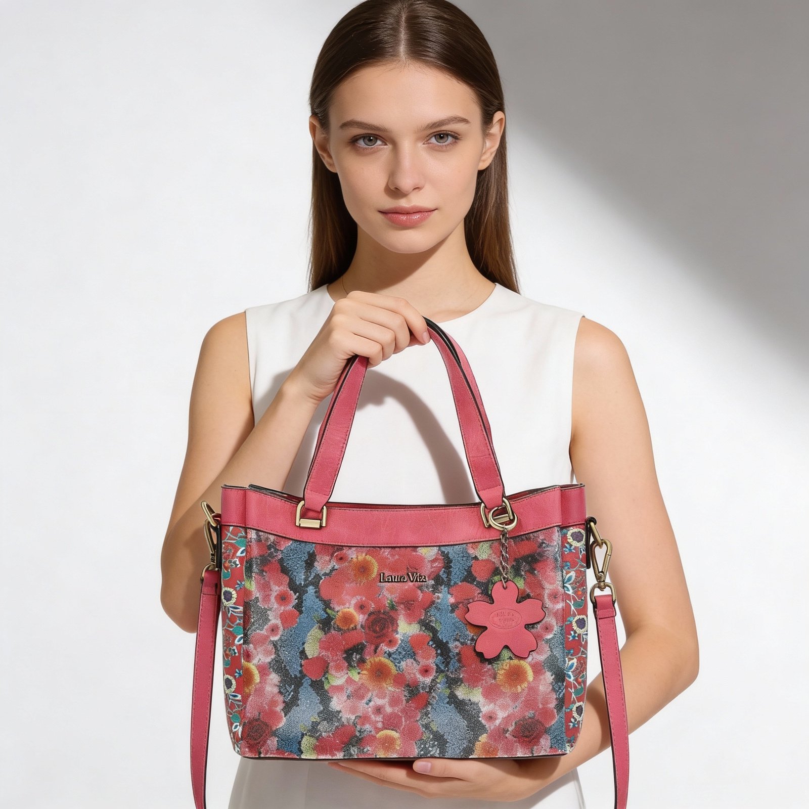 Torebka damska Laura Vita, z materiału syntetycznego z dekoracyjnym nadrukiem kwiatowym krótkie uchwyty do noszenia w dłoni regulowany pasek na ramię