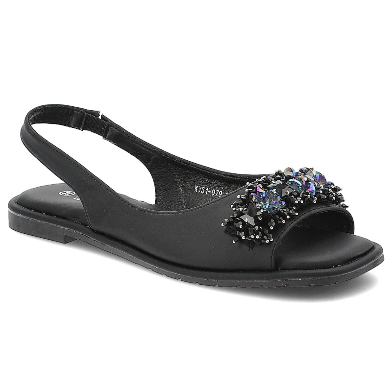 Sandały damskie S. Barski, z eko skóry z ozdobą wsuwane i na płaskim obcasie, czarne, KV51-079