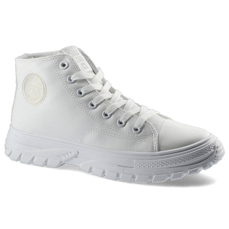 Sneakersy damskie Big Star, wykonane z materiału tekstylnego o wzmocnionej strukturze z wysoką cholewką klasycznym sznurowaniem gumowym noskiem, biał