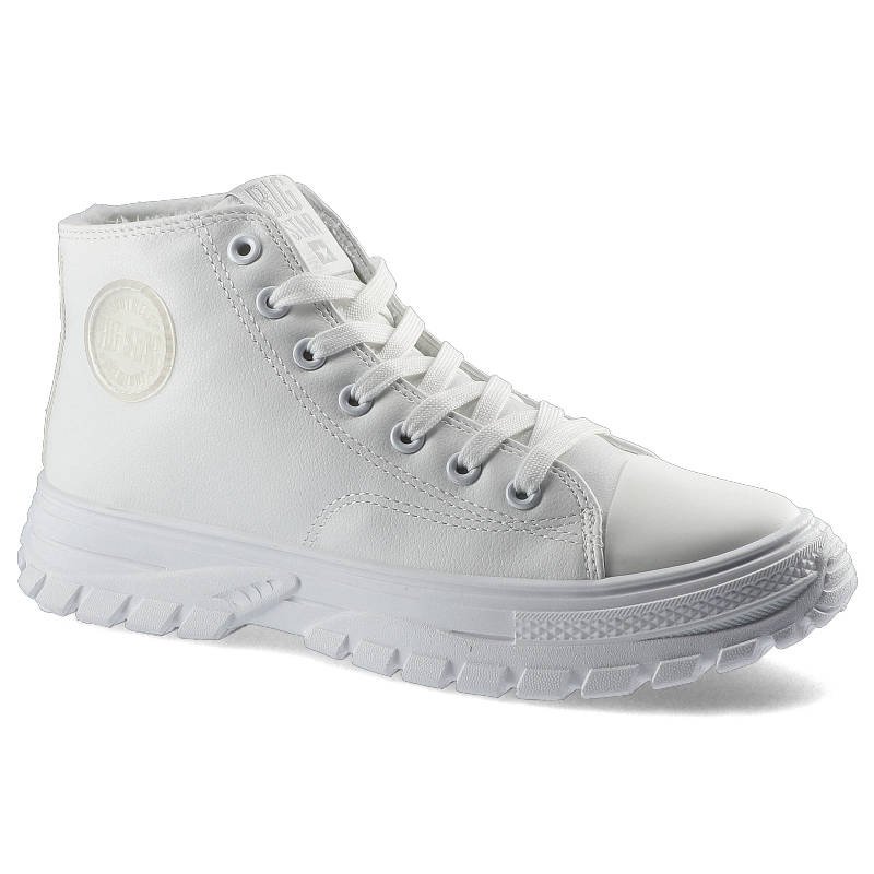 Sneakersy damskie Big Star, wykonane z materiału tekstylnego o wzmocnionej strukturze z wysoką cholewką klasycznym sznurowaniem gumowym noskiem, biał