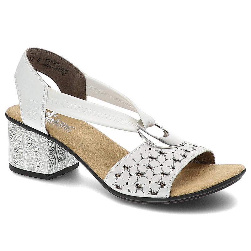 Sandały damskie Rieker, naturalna skóra licowa z dekoracyjną cholewką z aplikacjami elastycznym paskiem przy pięcie, white, 64677-80