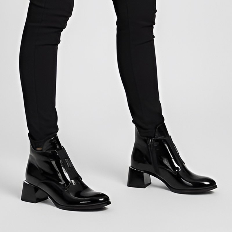 Botki damskie Armodo, lakierowane skórzane na klocku z okrągłym noskiem i na zamek, czarne, 60560