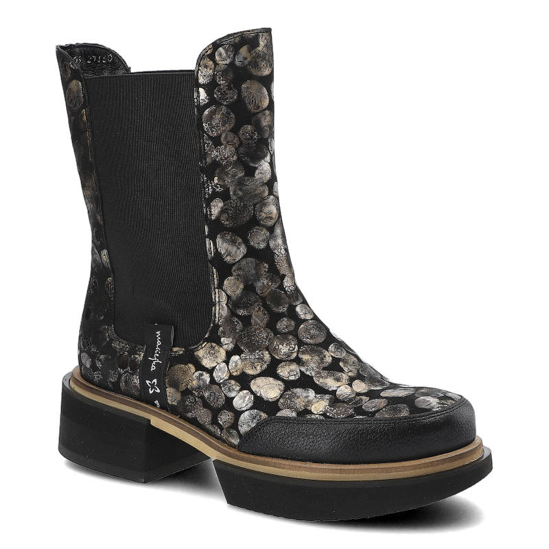 Botki damskie Maciejka, naturalna skóra nubuk z malowanym wzorem cholewka za kostkę z elastycznymi wstawkami wsuwana konstrukcja podwyższona podeszwa