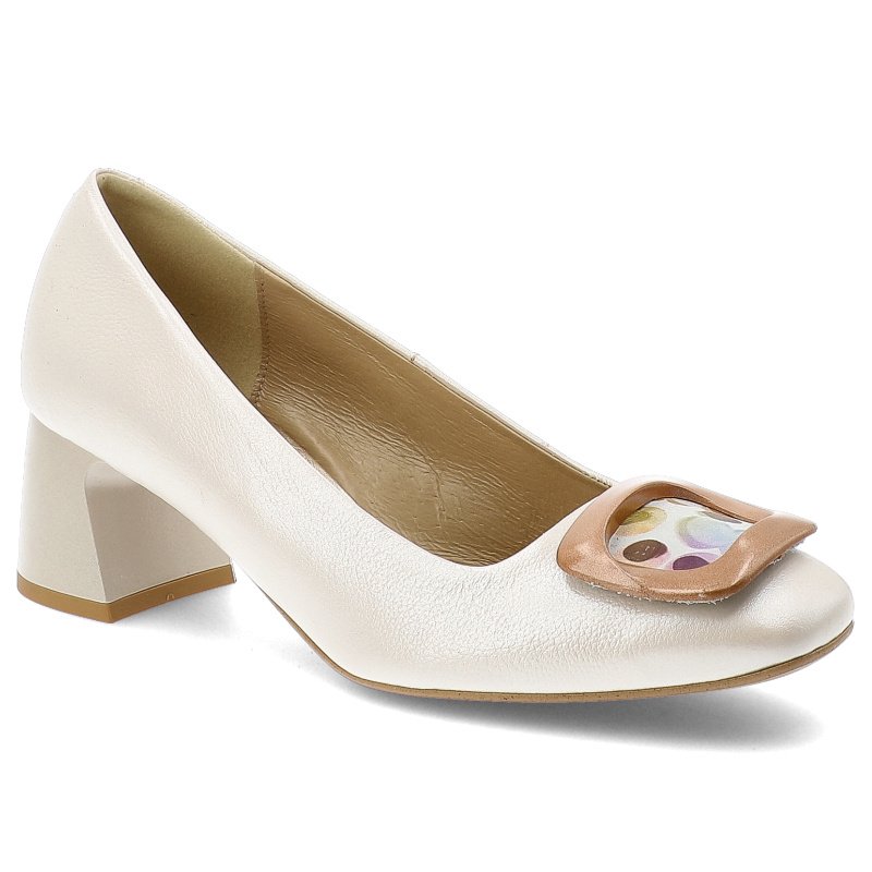 Czółenka damskie Espirito by Darex, eleganckie na obcasie z ozdobą z okrągłym noskiem wsuwane, białe, C-1396