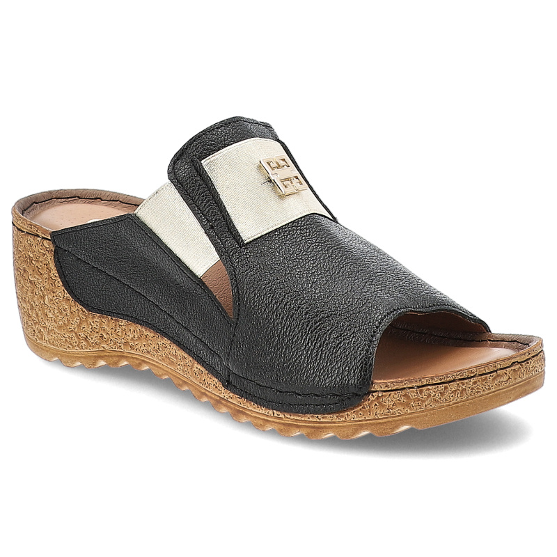 Klapki damskie Armodo, ze skóry naturalnej na platformie z gumą eleganckie, czarne złote, 50109-V