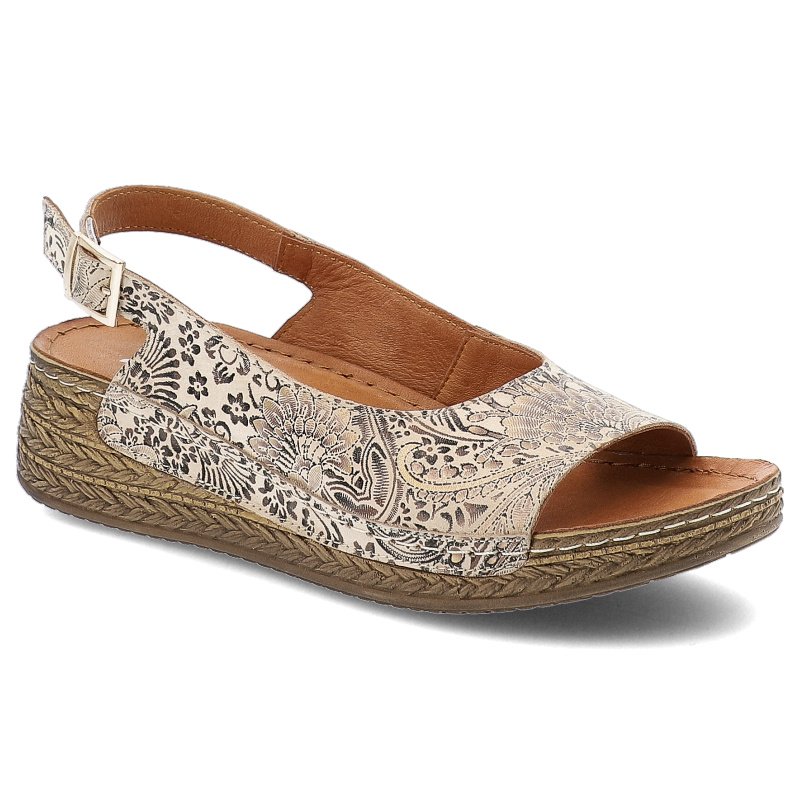 Sandały damskie Maciejka, skórzane we wzorki na platformie zapinane sprzączką, beżowe kwiatowe, L7069-04-00-1