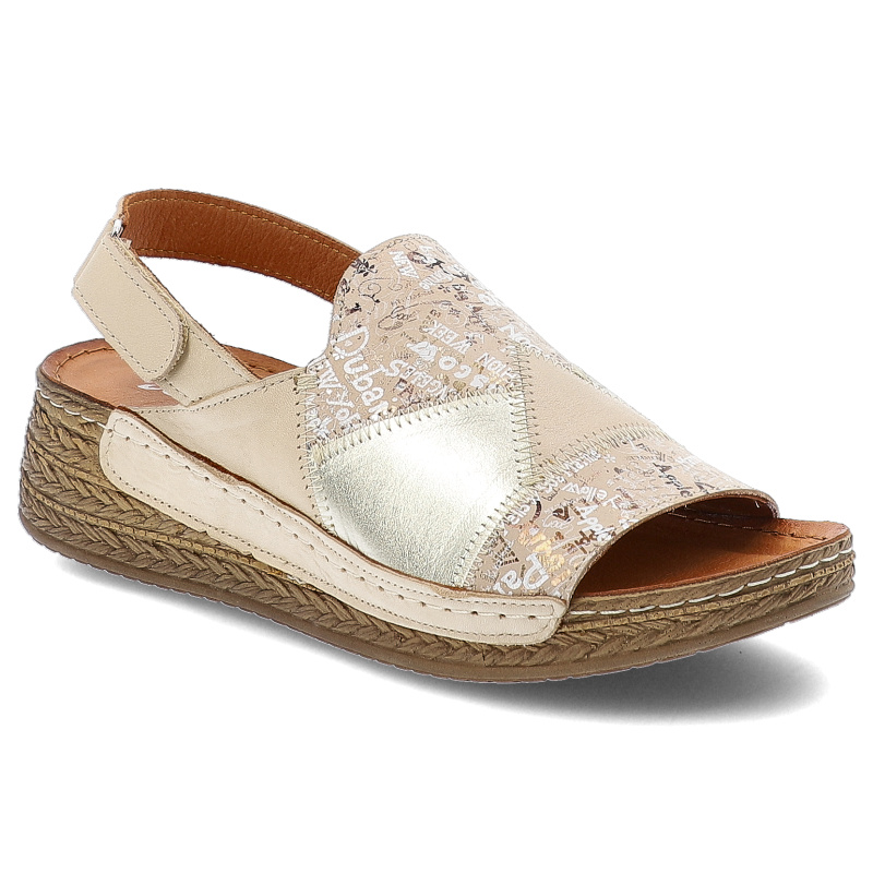 Sandały damskie Maciejka, skórzane we wzorki na platformie na rzep, beżowe, L7067-04-00-1