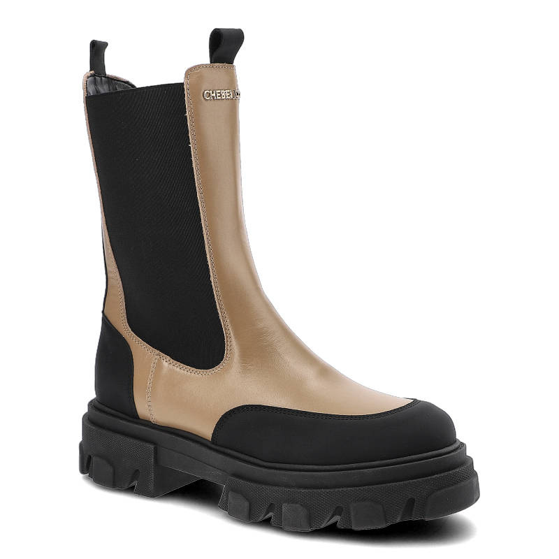 Botki damskie Chebello, ze skóry naturalnej elastyczne wstawki po bokach uchwyty ułatwiające zakładanie podeszwa z wyraźnym bieżnikiem , brązowo-czar