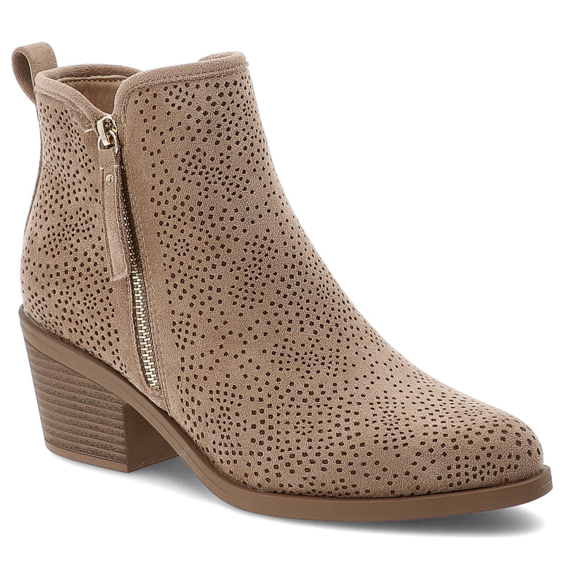 Botki damskie S. Barski, z noskiem w szpic na klocku i ażurowe zapinane na zamek, beżowe, HY52-538