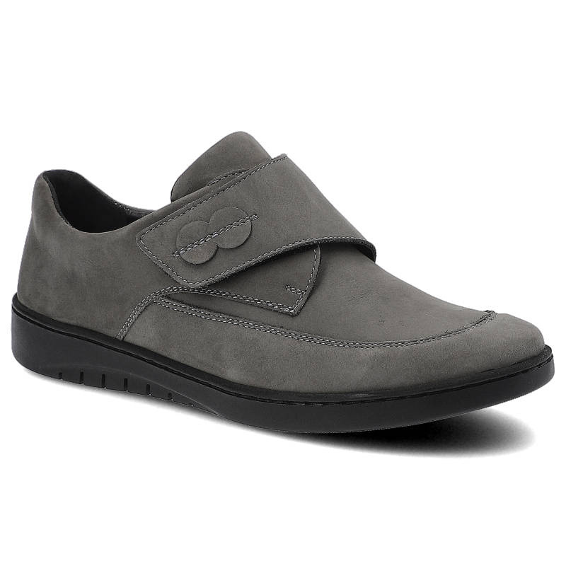 Półbuty damskie Pollonus, naturalna skóra nubuk z regulowanym zapięciem na rzep niska konstrukcja i elastyczna podeszwa, szare, 5-1209-004