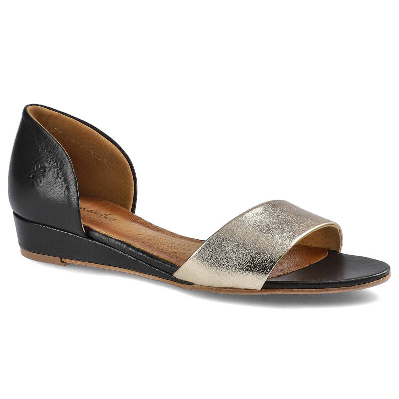 Sandały damskie Maciejka, skóra naturalna i na płaskiej podeszwie z minimalnym koturnem, czarno-złote, 01971-46-00-5