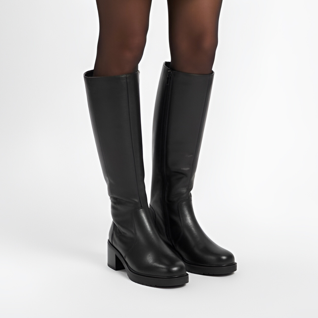 Kozaki damskie Rieker, licowa wysoka cholewka na klocku i technologia antistress, czarne, Y5254-00