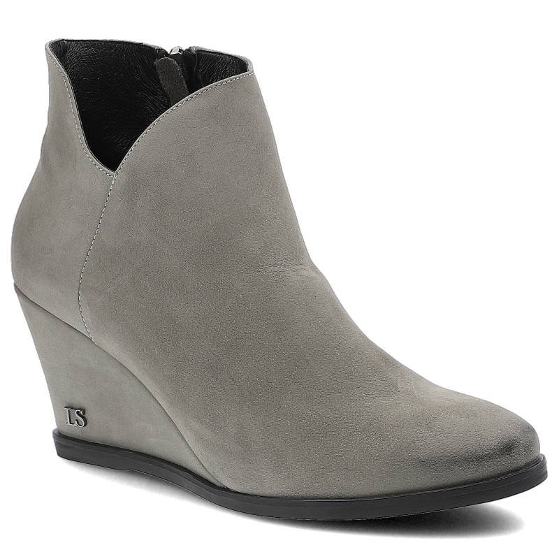 Botki damskie Libero, naturalna skóra typu nubuk z suwakiem z boku i na koturnie z płaską podeszwą, szare, 120019