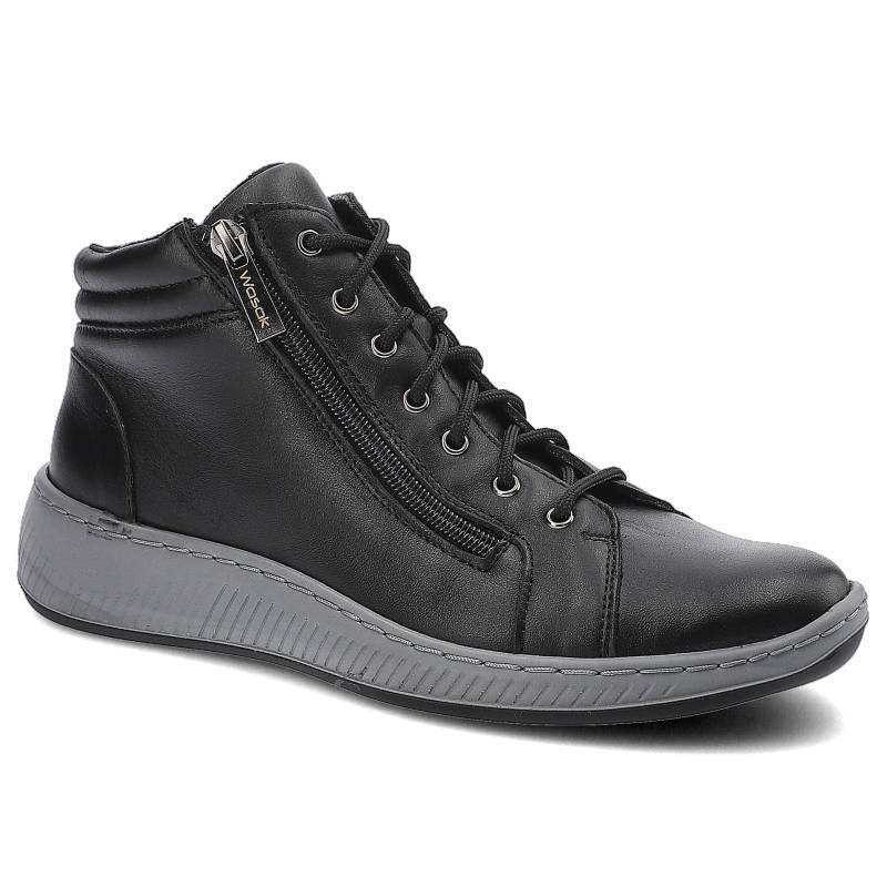 Botki damskie Wasak, naturalna skóra licowa sznurowana cholewka z bocznym zamkiem, czarne, 595