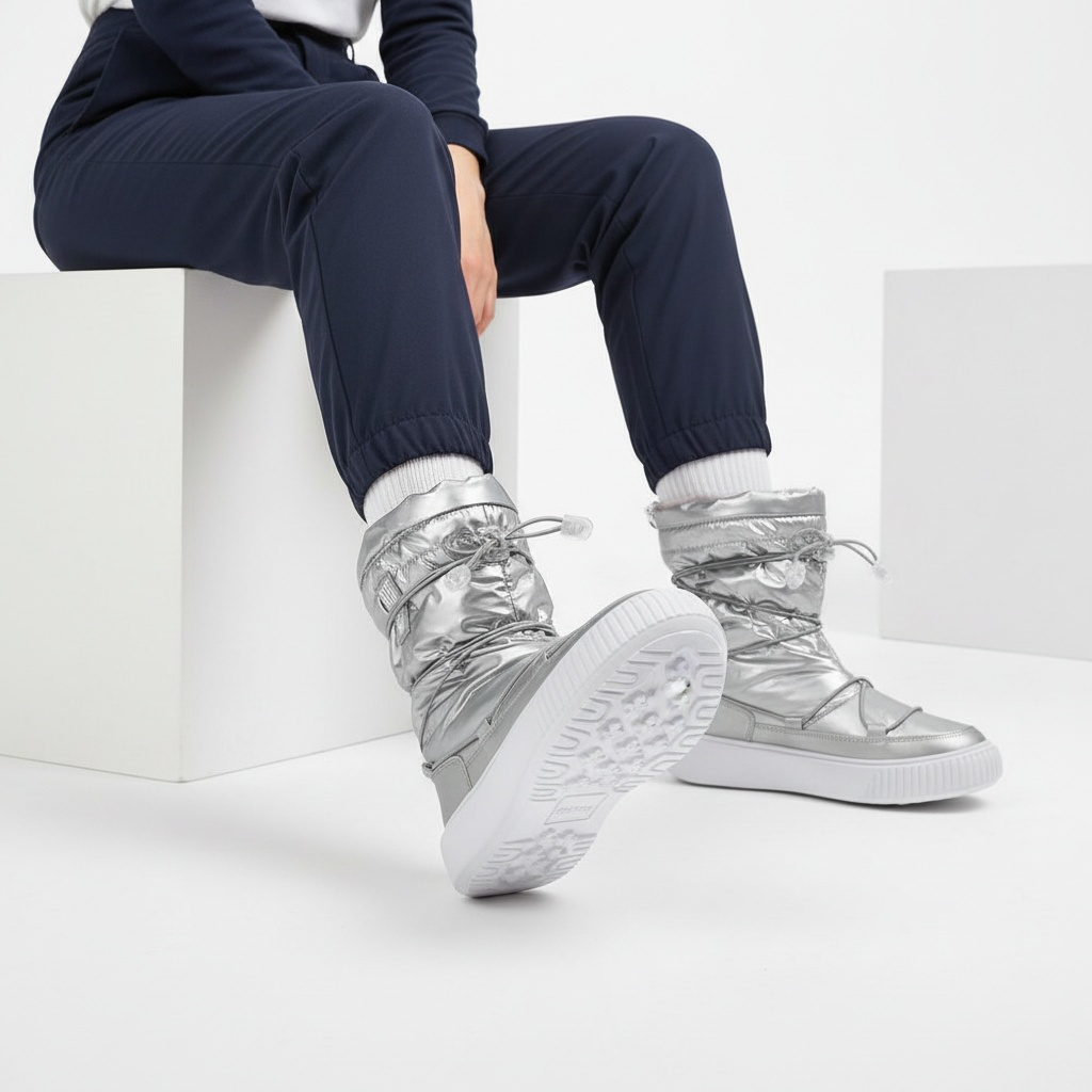 Śniegowce damskie Big Star, z połączenia materiału tekstylnego i syntetycznego z pikowaną metaliczną cholewką regulowanym sznurowaniem, srebrne, KK27