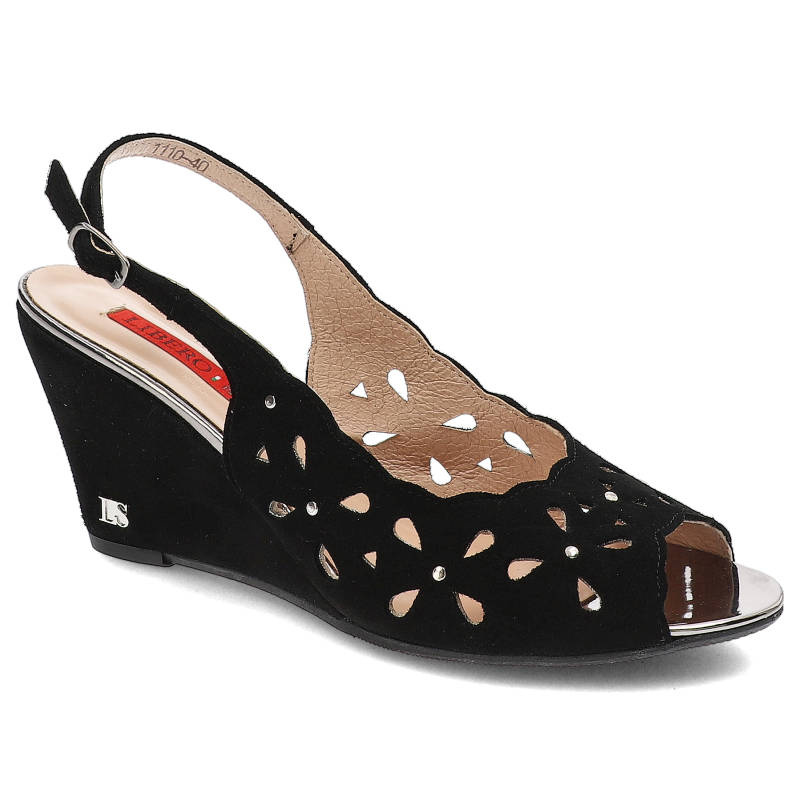 Sandały damskie Libero, wysokogatunkowy zamsz ze sprzączką i na koturnie, czarne, 1110