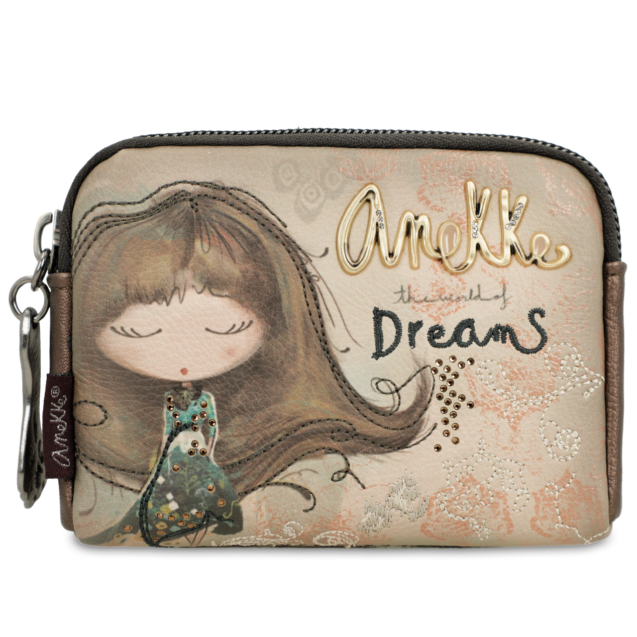 Portfel damski Anekke, portmonetka z ozdobną grafiką kompaktowa na zamek, brązowy, 41709-018