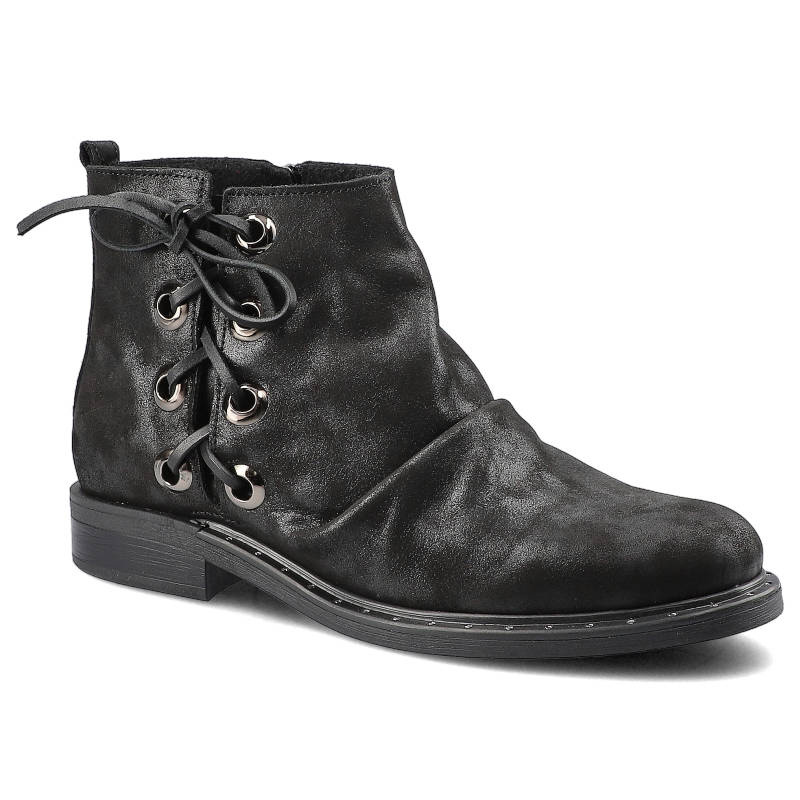 Botki damskie Lemar, płaskie z eleganckim wiązaniem i zapinane na zamek, czarne, 60150-V