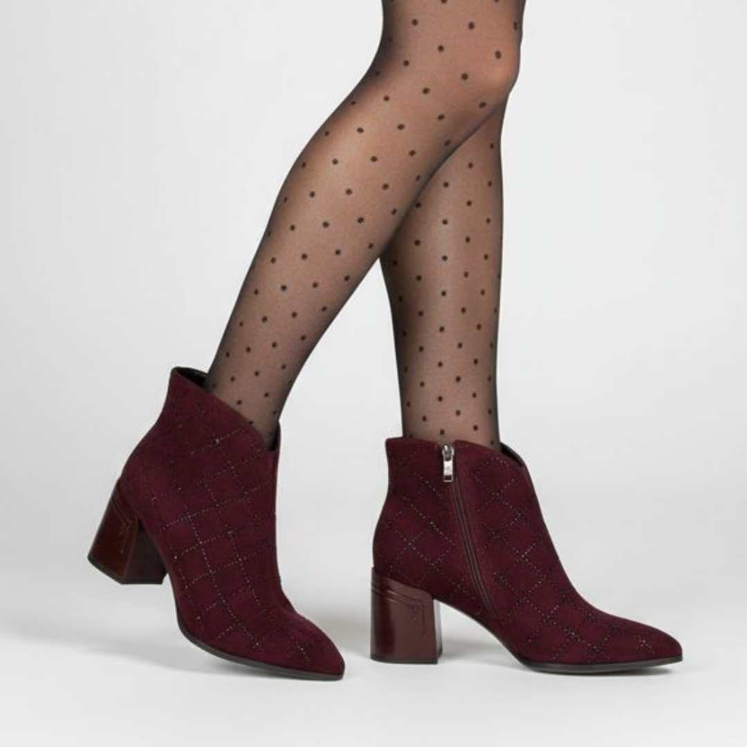 Botki damskie S. Barski, na obcasie skórzane z cholewką we wzory, bordowe, MR52-132