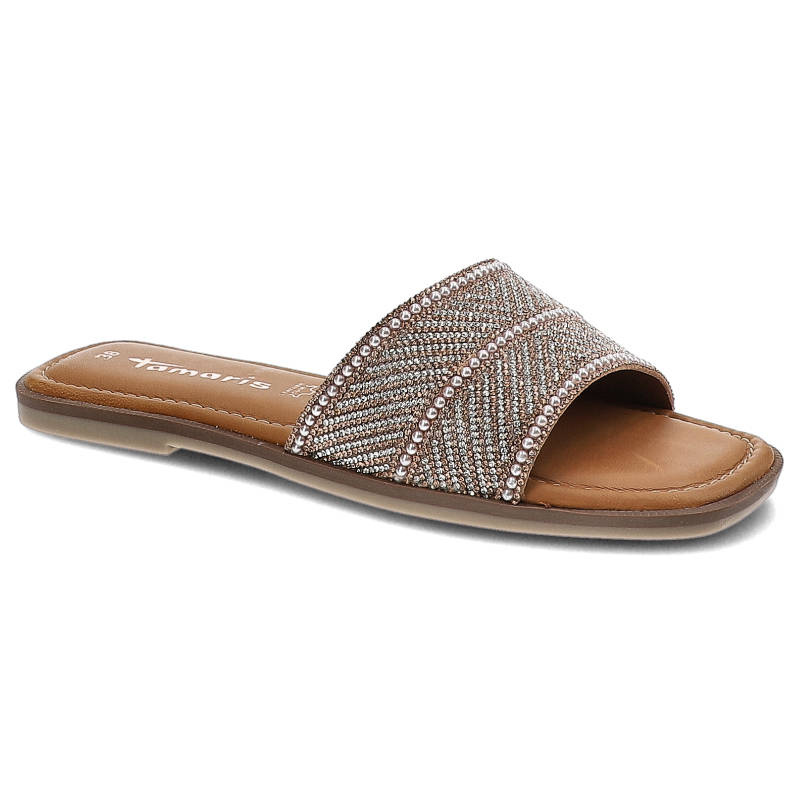 Klapki damskie Tamaris, szeroki pasek z dekoracyjnymi zdobieniami wsuwany fason bez zapięć płaska podeszwa, różowe glam, 1-27127-28-586