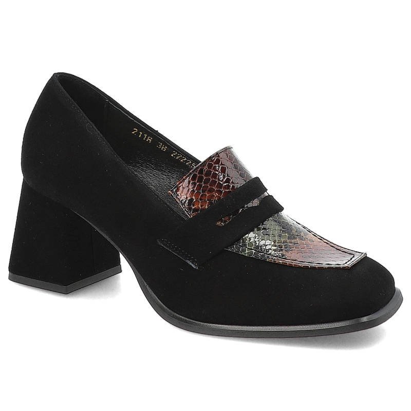 Półbuty męskie Clasicco, cholewka z miękkiego zamszu z paskiem na podbiciu i wstawką o tłoczonej strukturze stabilny obcas o prostym kształcie, czarn