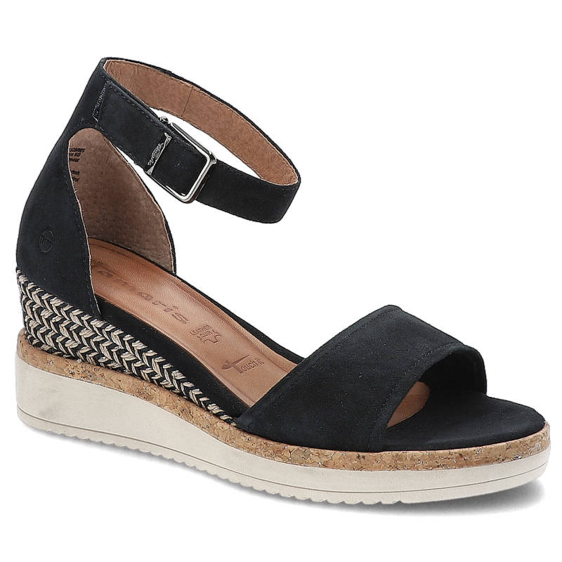 Sandały damskie Tamaris, naturalna skóra zamszowa z paskiem wokół kostki zapinanym na klamrę, navy, 1-28313-28-805