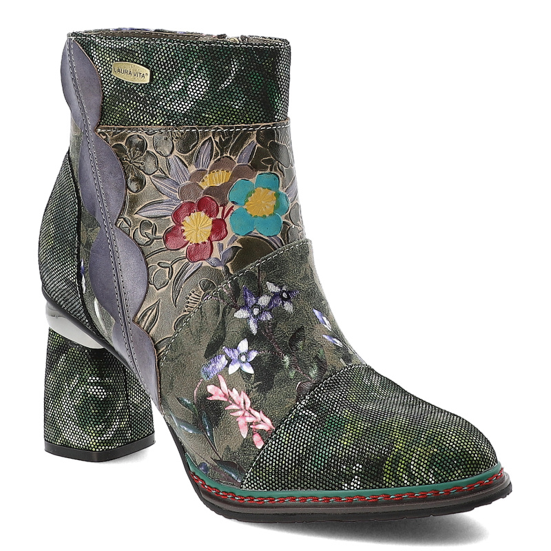 Botki damskie Laura Vita, skórzane bogato zdobione w kwiaty na obcasie i zapinane na suwak, zielone, Kinoao-20