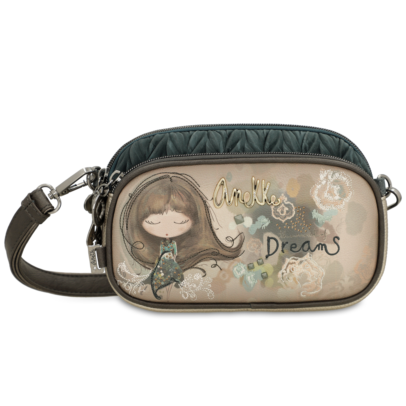 Torebka damska Anekke, mała kompaktowa z ozdobną grafiką z 3 komorami i regulowanym paskiem, brązowa, 41703-445