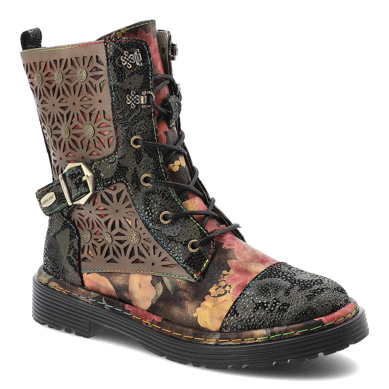 Botki damskie Laura Vita, skórzane na płaskim obcasie za kostkę z ozdobami z okrągłym noskiem, czarne, SL1127-36