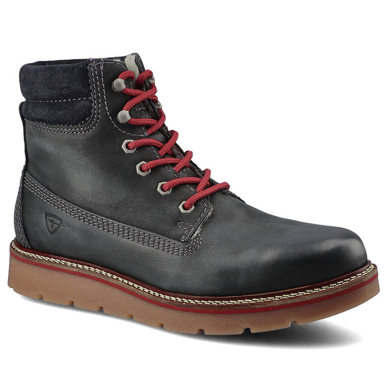 Botki damskie Tamaris, naturalna skóra licowa z kontrastowym sznurowaniem wzmocnionymi przeszyciami oraz grubą podeszwą, granatowe Midnight, 1-26273-