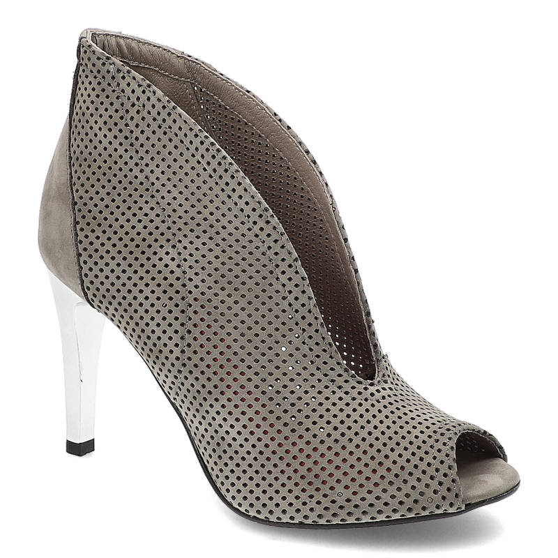 Botki damskie Karino, skóra naturalna perforowana z otwartymi palcami i na szpiczastym obcasie, szare, 1880-002-P