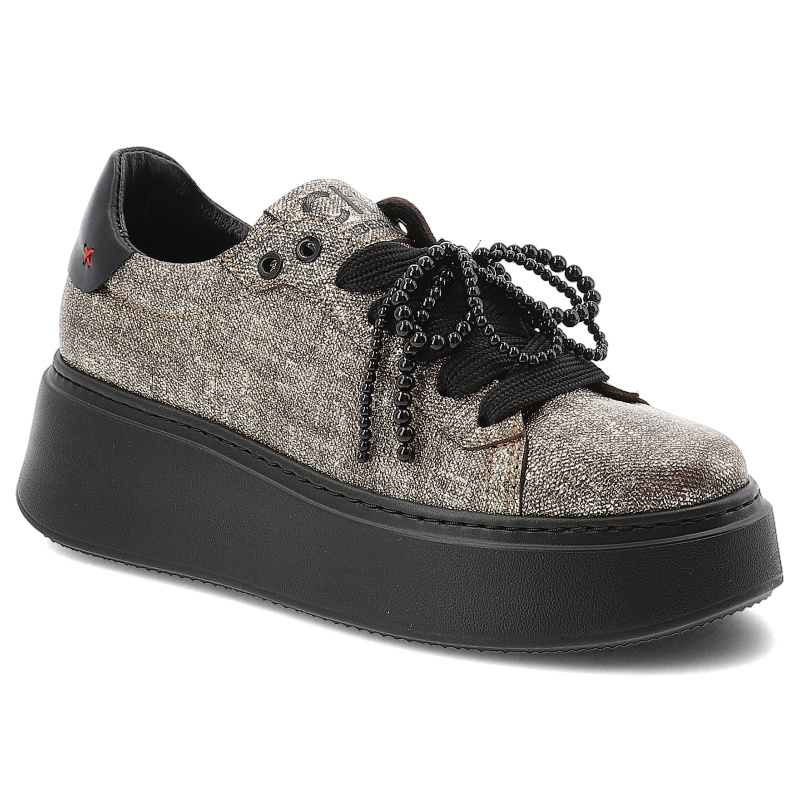 Sneakersy damskie Chebello, ze skóry na grubej podeszwie z okrągłym noskiem z ozdobą i sznurowane, czarno-złote, 4696-534-002