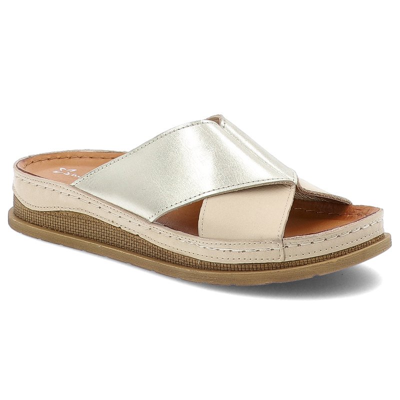 Klapki damskie Maciejka, na platformie skórzane eleganckie bardzo wygodne, beżowo-złote, L4986-37-00-0