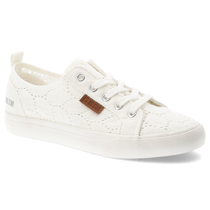 Trampki damskie Big Star, koronkowo-materiałowa sznurowana cholewka na klasycznym płaskim gumowym spodzie, białe, W274925
