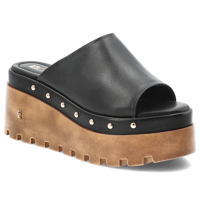 Klapki damskie Carinii, skórzane na wysokiej platformie z dżetami, czarne, B10048