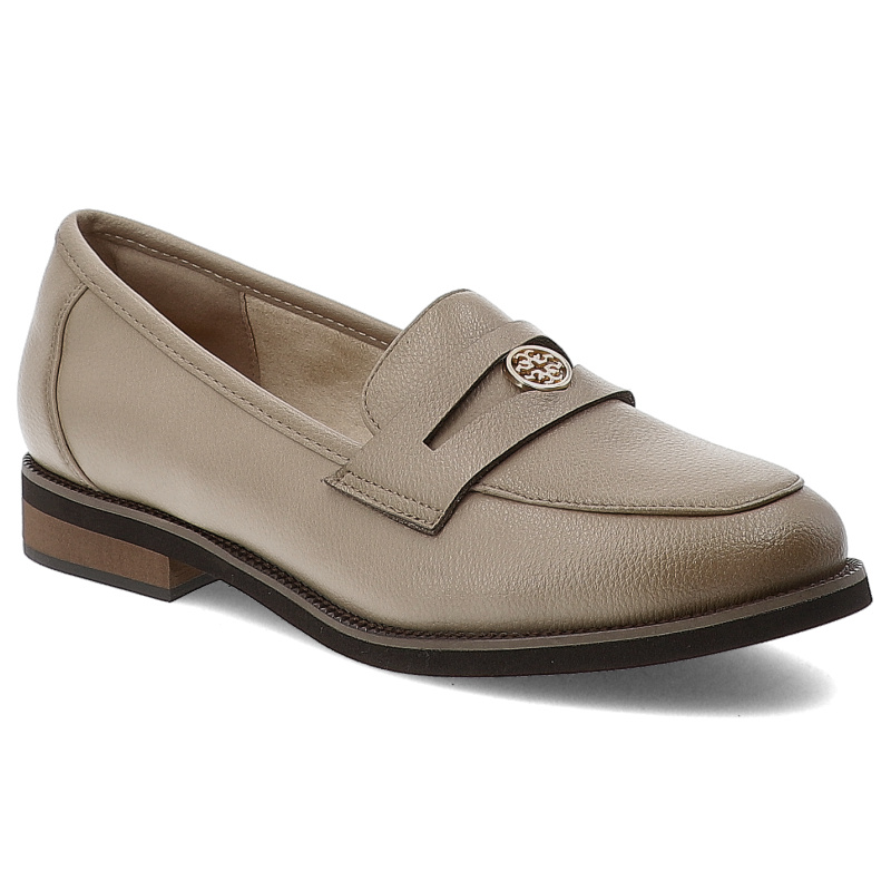 Mokasyny damskie Cambell, ze skóry licowej na płaskim obcasie z ozdobą i wsuwane, beżowe, 25-19301BG