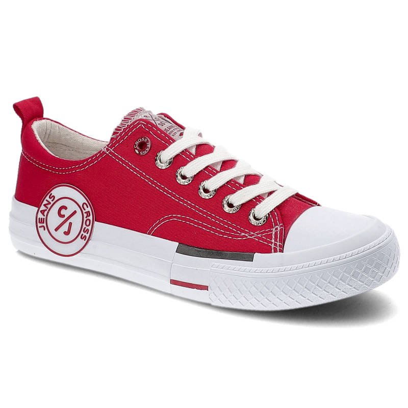 Trampki damskie Cross Jeans, z materiału tekstylnego z klasycznym sznurowaniem gumowym noskiem oraz płaską podeszwą, czerwone, FF2R4074C