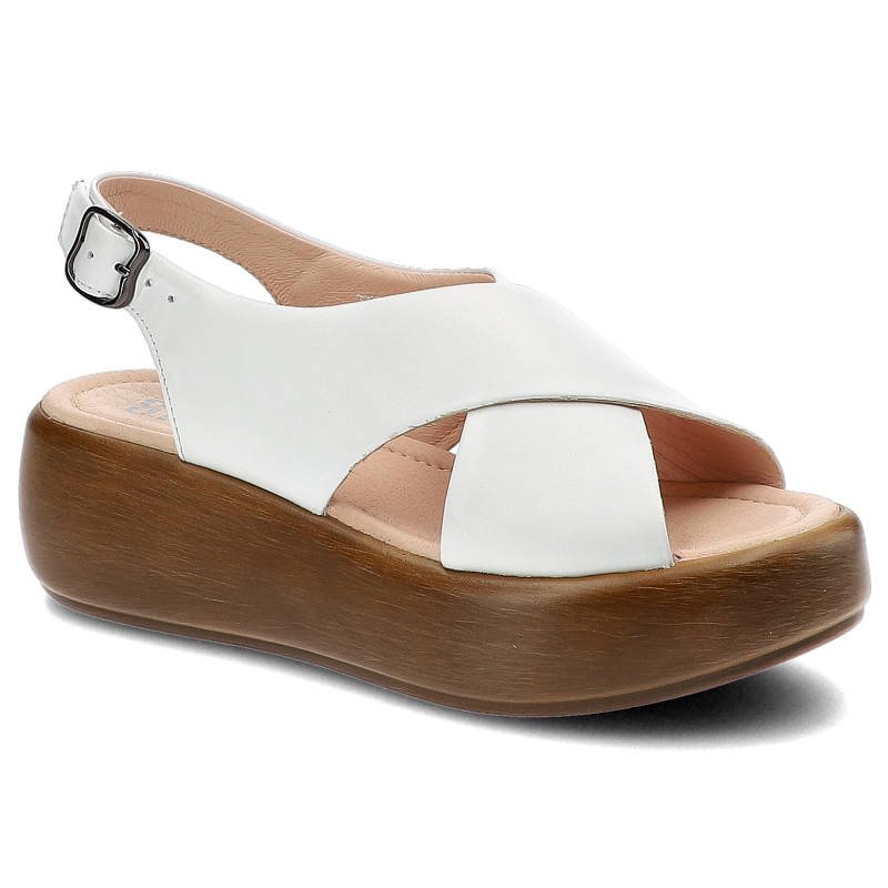 Sandały damskie Simen, gładka cholewka z szerokimi krzyżującymi się paskami regulowane zapięcie na pięcie stabilna platforma, białe, 4999A