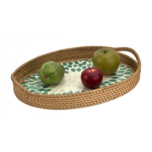 Taca dekoracyjna rattanowa 41,5x30x4,5cm Natural turkusowa owalna