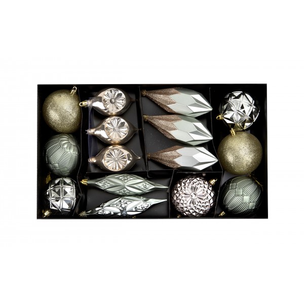 Komplet 16 bombek plastikowych różne zielony szampański