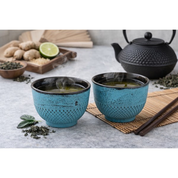 Żeliwny zestaw 2 czarek do herbaty turkus Japanese