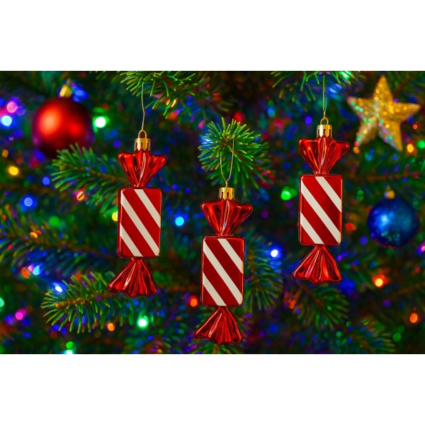 Komplet 3 bombek plastikowych Cukierek czerwono-biały 8528