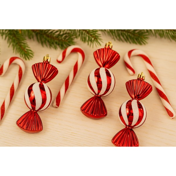 Komplet 3 bombek plastikowych Cukierek czerwono-biały 9024