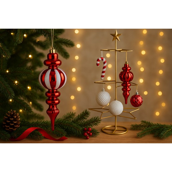 Bombka sopel 30 cm czerwono-biała plastikowa