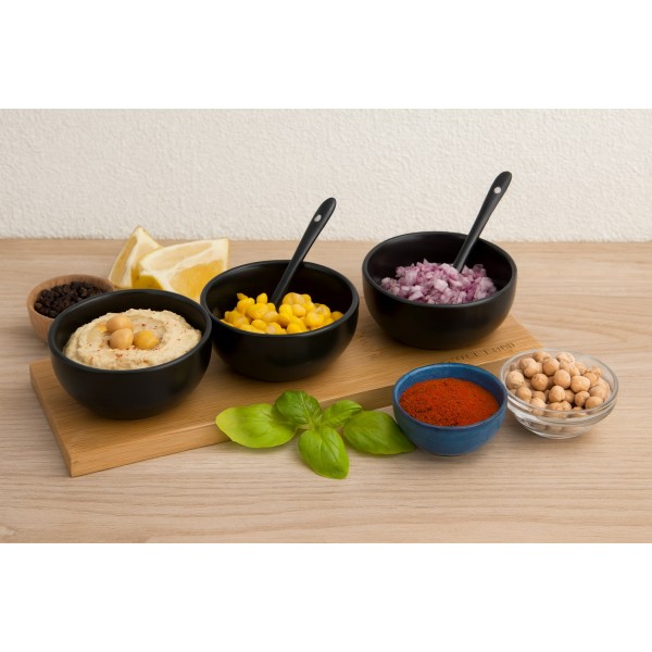 Kpl. 3 miseczek + łyżka + deska do Dipów czarna