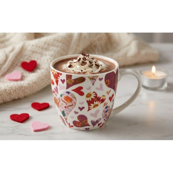 Kubek porcelanowy 460 ml Różowe Serca w koszyczku