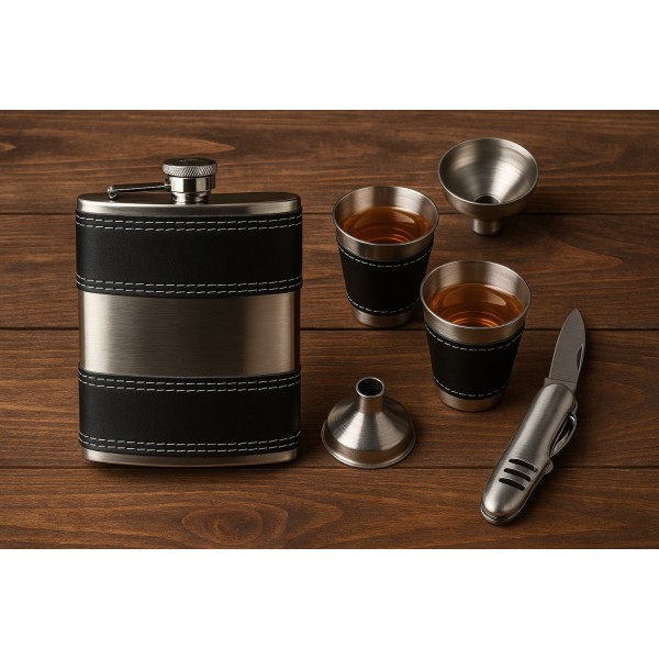 Piersiówka w komplecie, czarno srebrna KW8S4