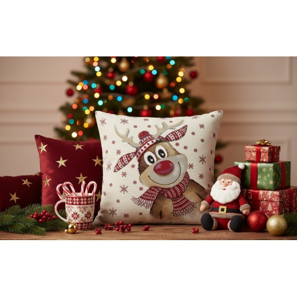 Poszewka dekoracyjna 45x45 cm Renifer w czapce