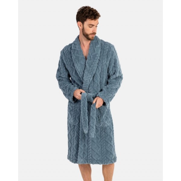 Szlafrok męski polarowy L746311- L długi szaro-niebieski warkocz